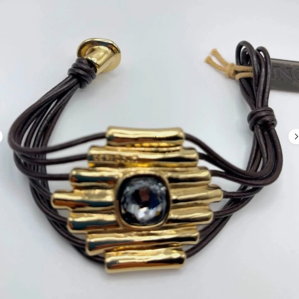 NWT Uno de 50 ATTACHED Gold Plated Gray Crystal Multi Leather Bracelet SZ Small - Picture 2 of 12